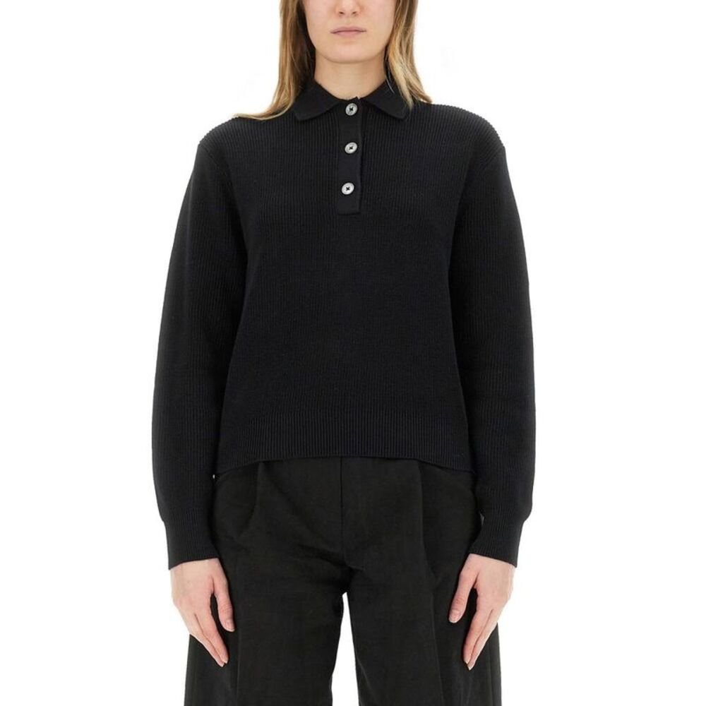 STUDIO NICHOLSON Ribbed Knit Polo Sweater Women BLACK T-Shirts & Tops